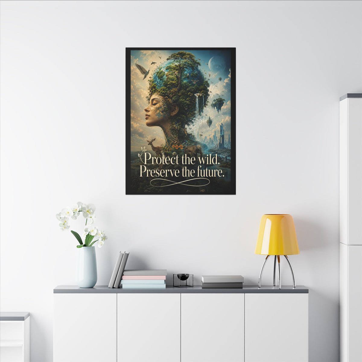 "PROTECT THE WILD PRESERVE THE FUTURE" (Surrealist art style). Earthsmart Eco Canvas Wall Art (Matte Stretched Print).