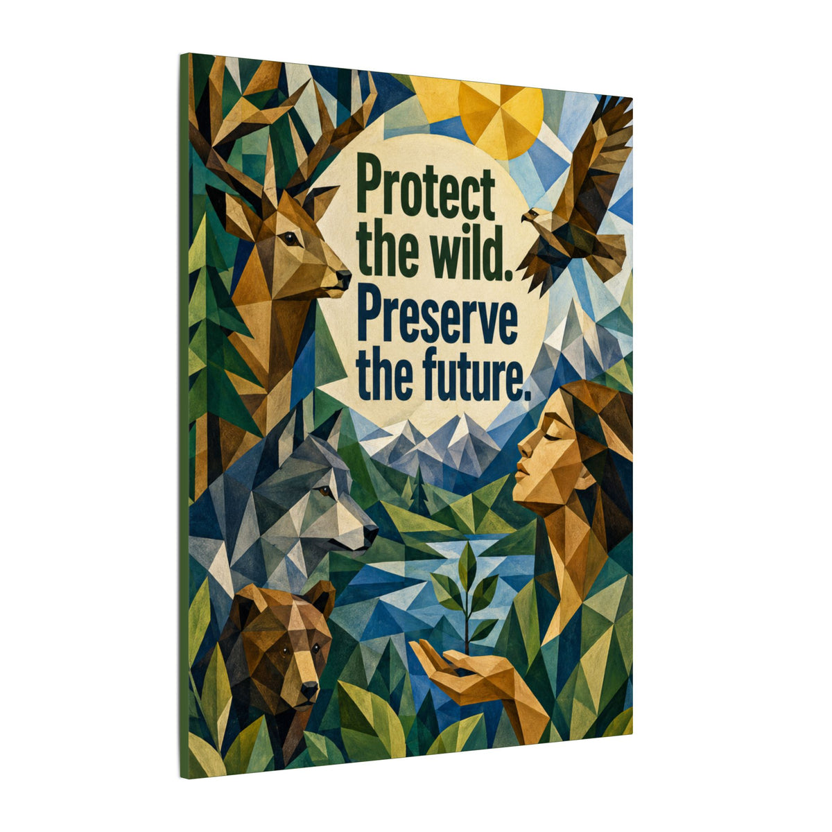 "PROTECT THE WILD PRESERVE THE FUTURE" (Cubist art style). Earthsmart Eco Canvas Wall Art (Matte Stretched Print).
