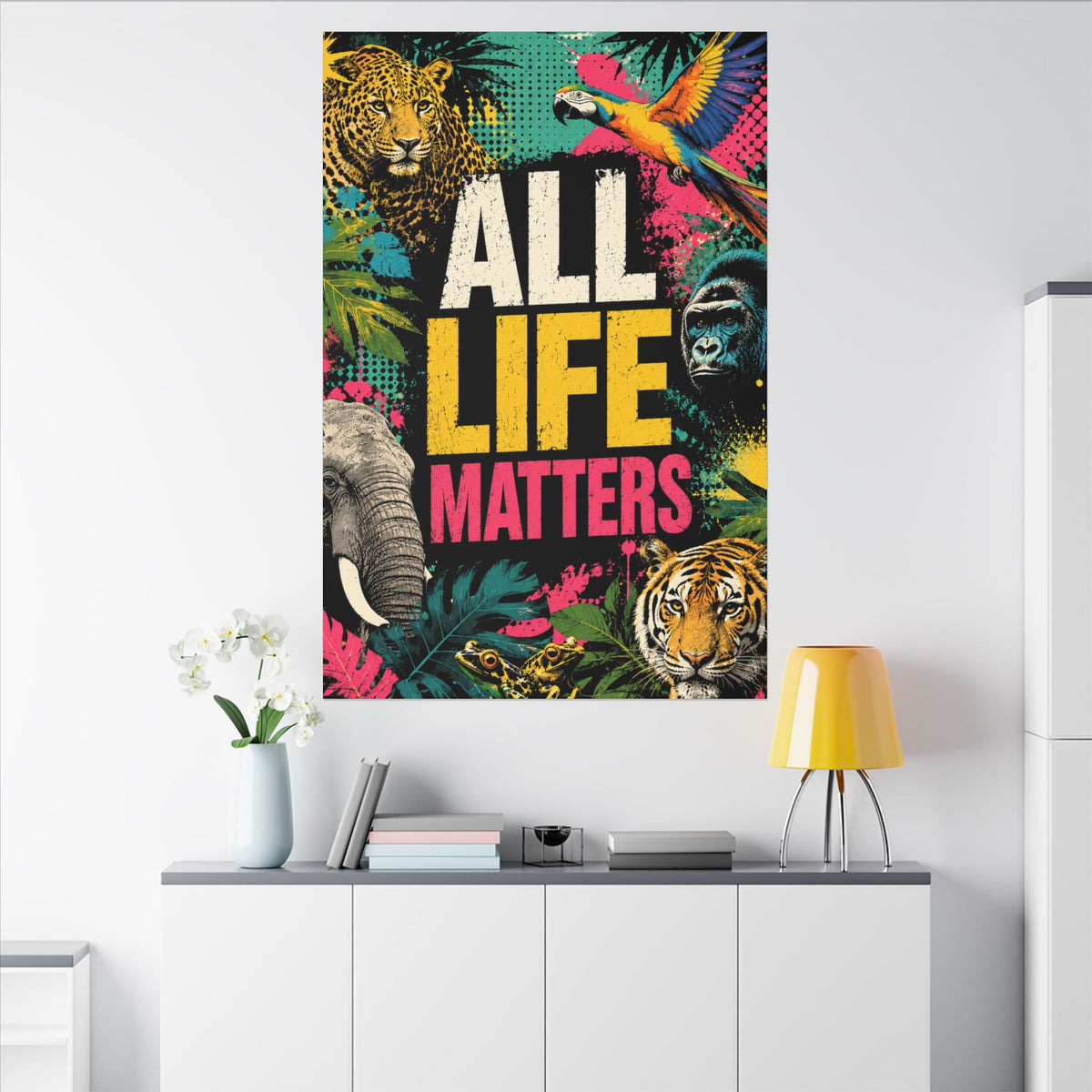 "ALL LIFE MATTERS" (Pop culture art style) - Earthsmart Canvas Wall Art. Jungle Wildlife. (Matte Stretched Print).