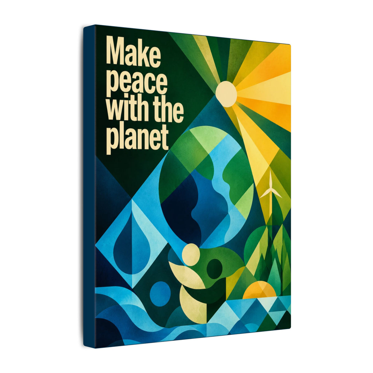 "MAKE PEACE WITH THE PLANET" (Radical Geometric art style). Earthsmart Eco Canvas Wall Art (Matte Stretched Print).