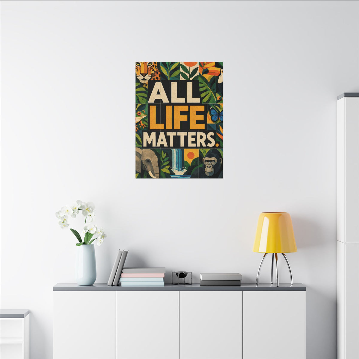 "ALL LIFE MATTERS" (Geometric art style) Earthsmart Canvas Wall Art — Jungle Wildlife. (Matte Stretched Print)