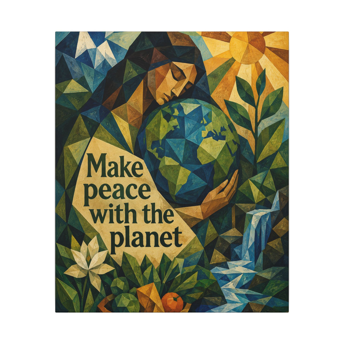 "MAKE PEACE WITH THE PLANET" (Cubist art style). Earthsmart Eco Canvas Wall Art (Matte Stretched Print).