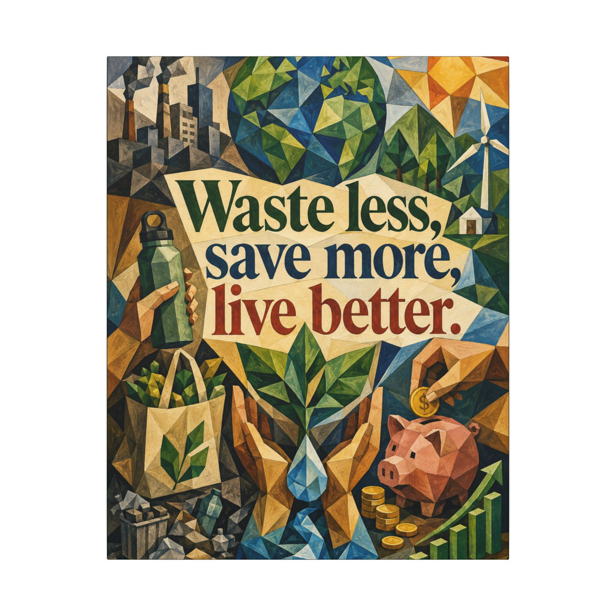 "WASTE LESS SAVE MORE, LIVE BETTTER." (Cubist art style). Earthsmart,  Eco-Friendly Inspirational Wall Art