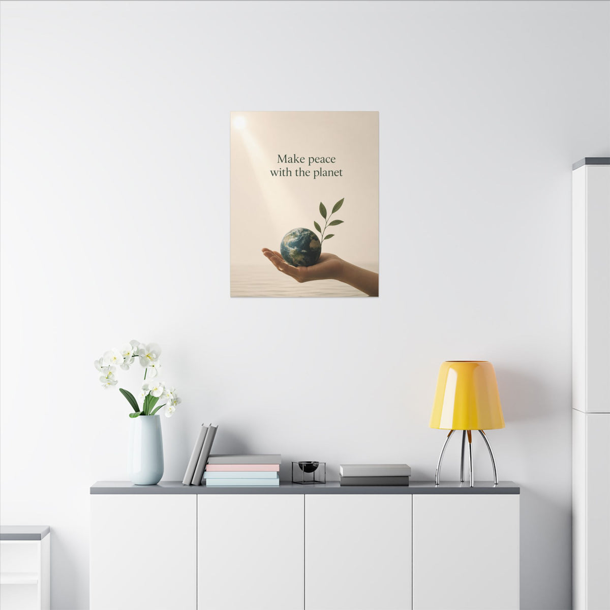 "MAKE PEACE WITH THE PLANET" (Minimalist art style). Earthsmart Eco Canvas Wall Art (Matte Stretched Print).