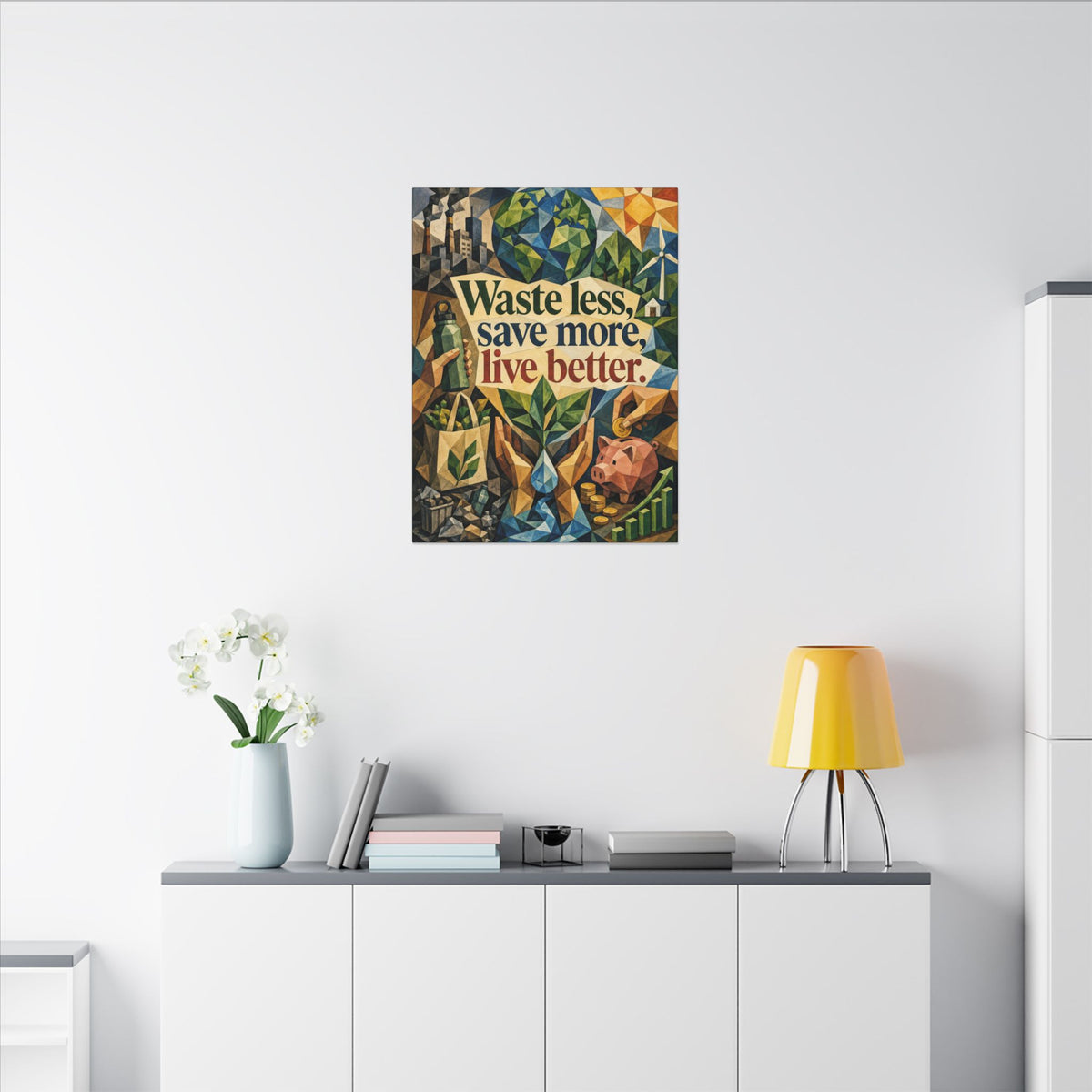 "WASTE LESS SAVE MORE, LIVE BETTTER." (Cubist art style). Earthsmart,  Eco-Friendly Inspirational Wall Art