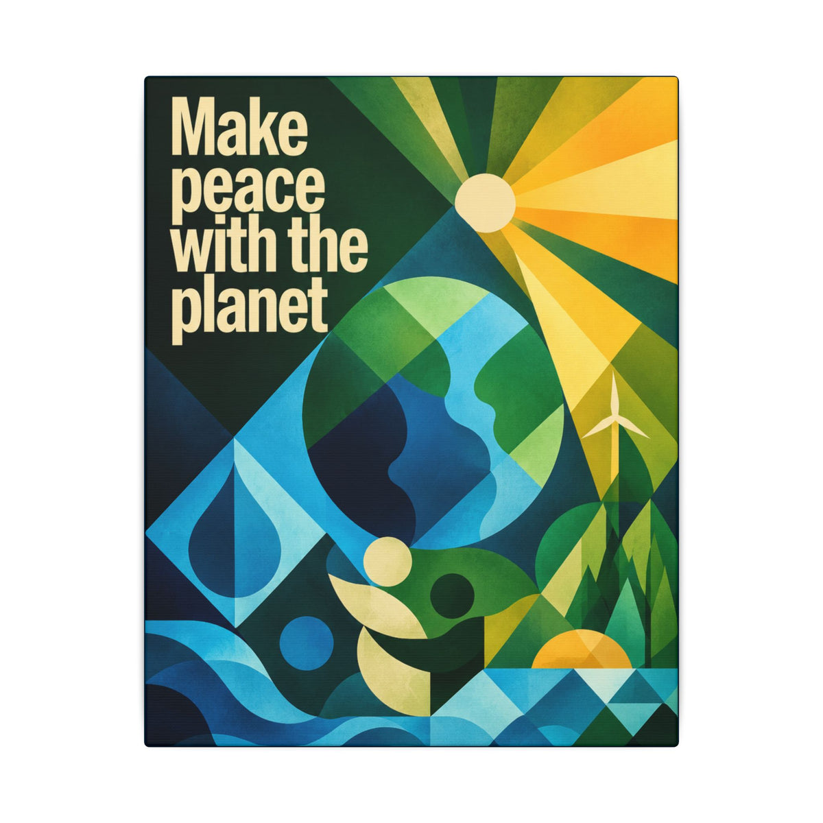"MAKE PEACE WITH THE PLANET" (Radical Geometric art style). Earthsmart Eco Canvas Wall Art (Matte Stretched Print).
