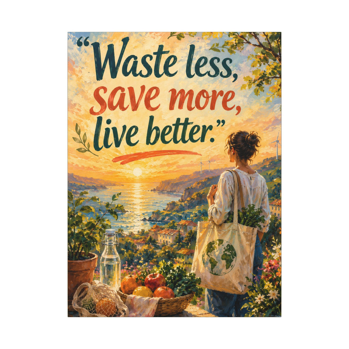 "WASTE LESS, SAVE MORE, LIVE BETTTER." (Impressionist art style). Earthsmart,  Eco-Friendly Inspirational Wall Art