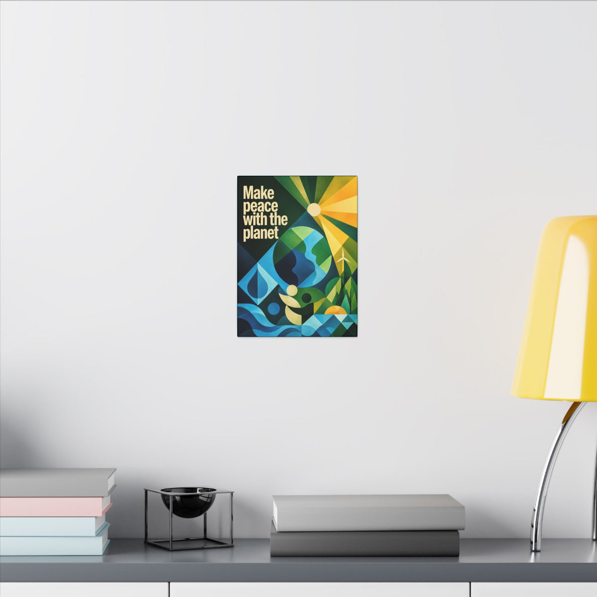 "MAKE PEACE WITH THE PLANET" (Radical Geometric art style). Earthsmart Eco Canvas Wall Art (Matte Stretched Print).