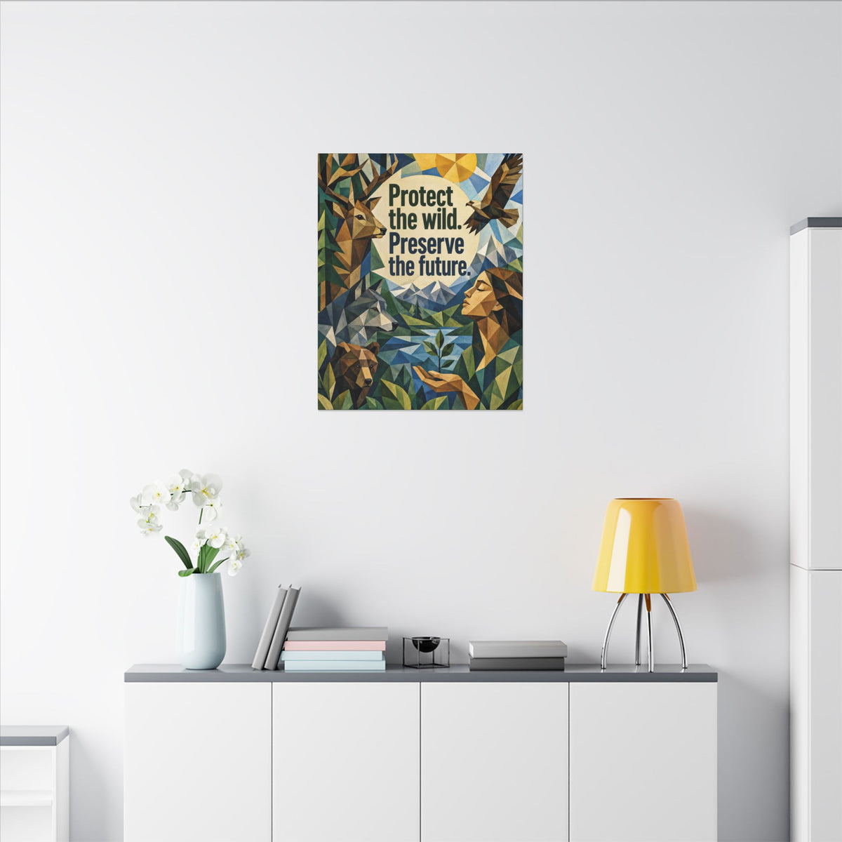 "PROTECT THE WILD PRESERVE THE FUTURE" (Cubist art style). Earthsmart Eco Canvas Wall Art (Matte Stretched Print).