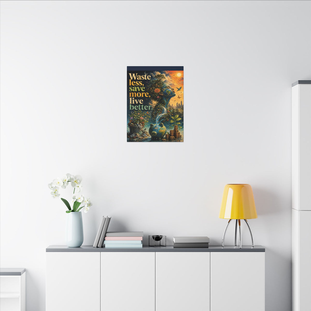 "WASTE LESS, SAVE MORE, LIVE BETTER." - Earthsmart Eco-Friendly Inspirational Wall Art.