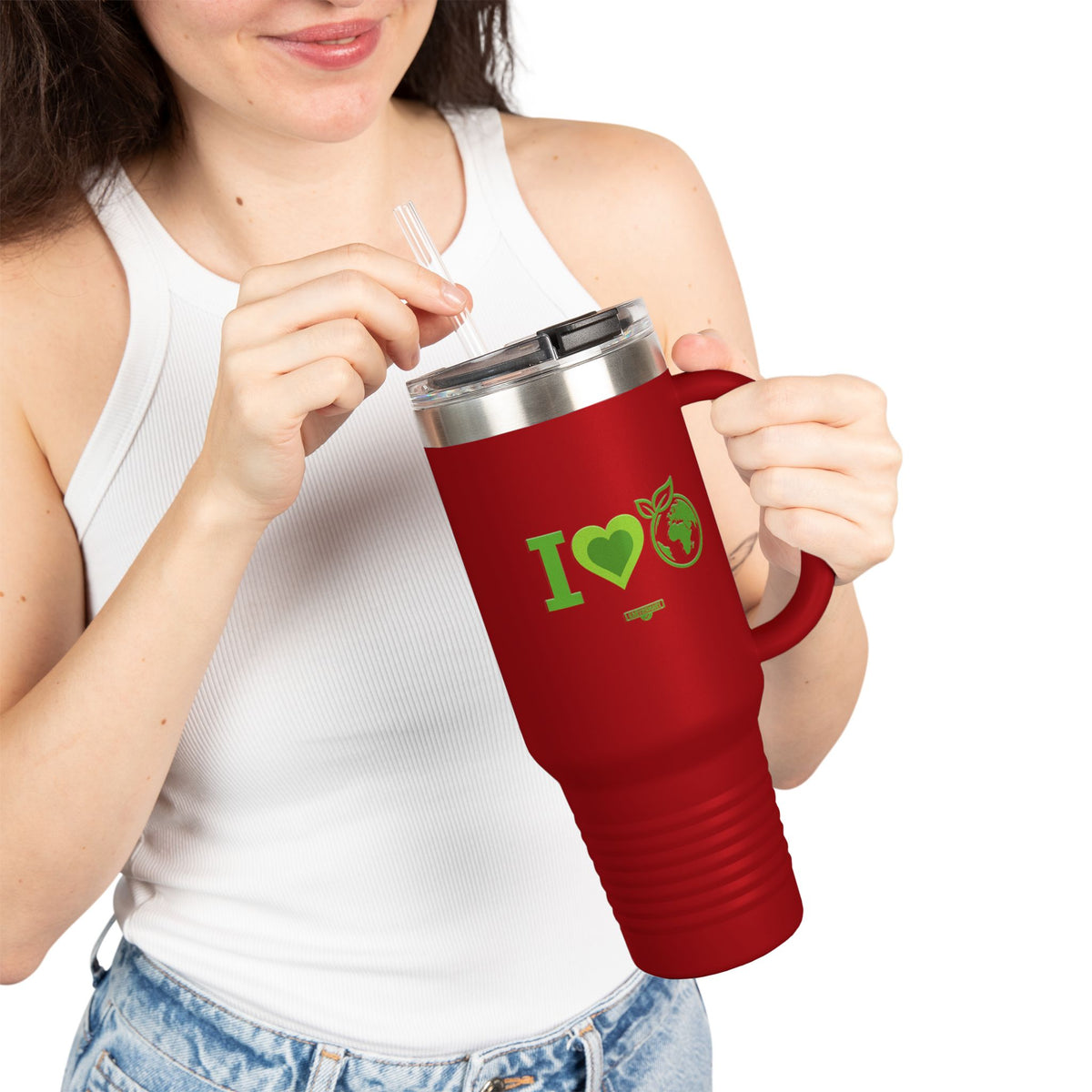 EARTHSMART ECO TUMBLER - 'I LOVE EARTH' version -  100% stainless steel (body), 100% recycled plastic (straw and lid).(1.8L - 40OZ)