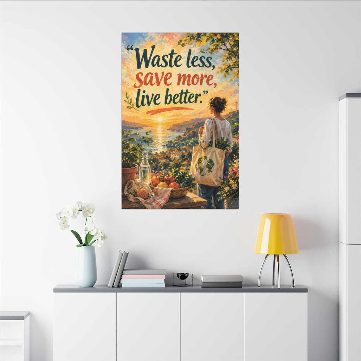 "WASTE LESS, SAVE MORE, LIVE BETTTER." (Impressionist art style). Earthsmart,  Eco-Friendly Inspirational Wall Art