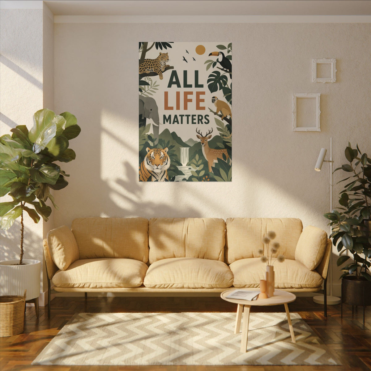 "ALL LIFE MATTERS" (modern art style) - Earthsmart Canvas Wall Art. Jungle Wildlife. (Matte Stretched Print).