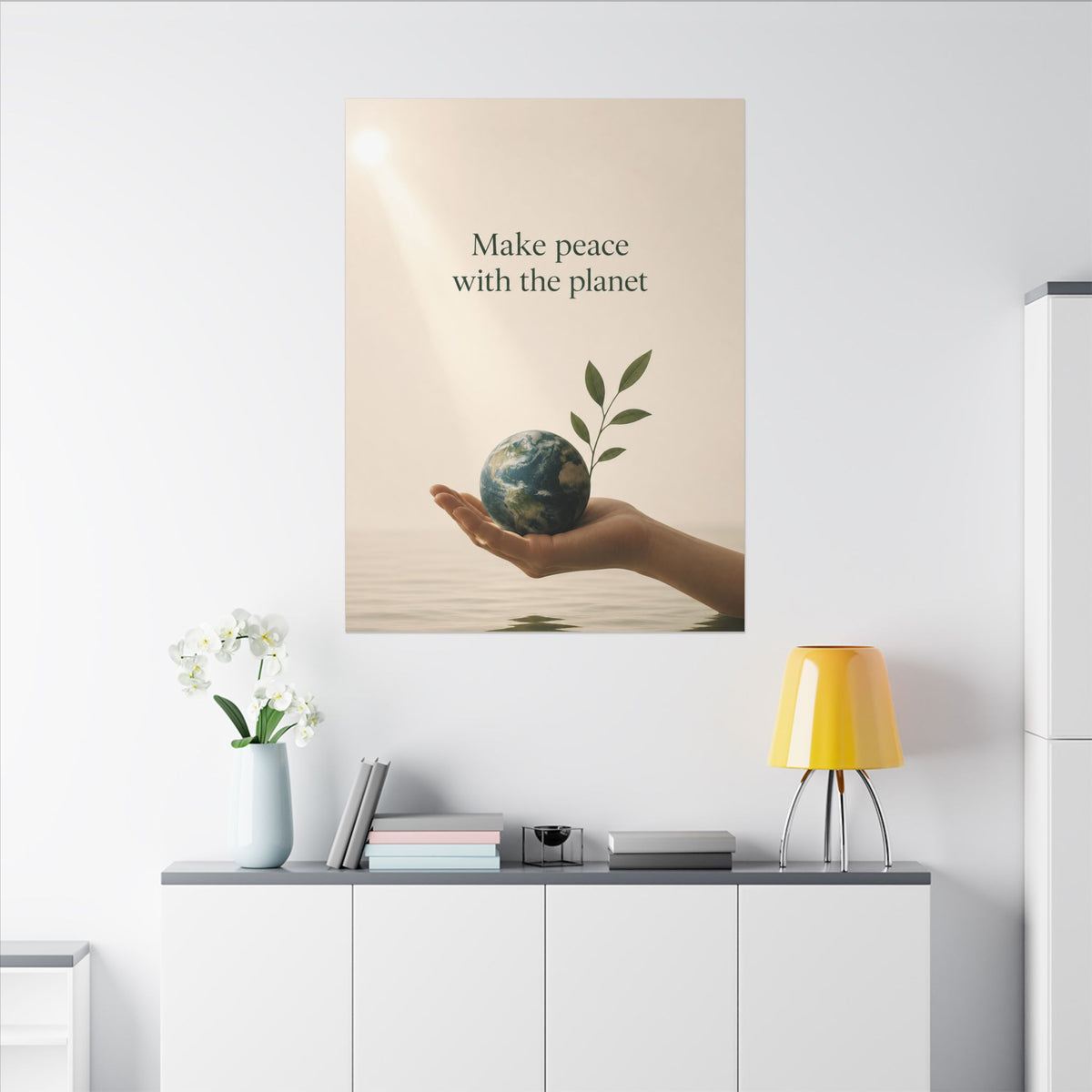 "MAKE PEACE WITH THE PLANET" (Minimalist art style). Earthsmart Eco Canvas Wall Art (Matte Stretched Print).