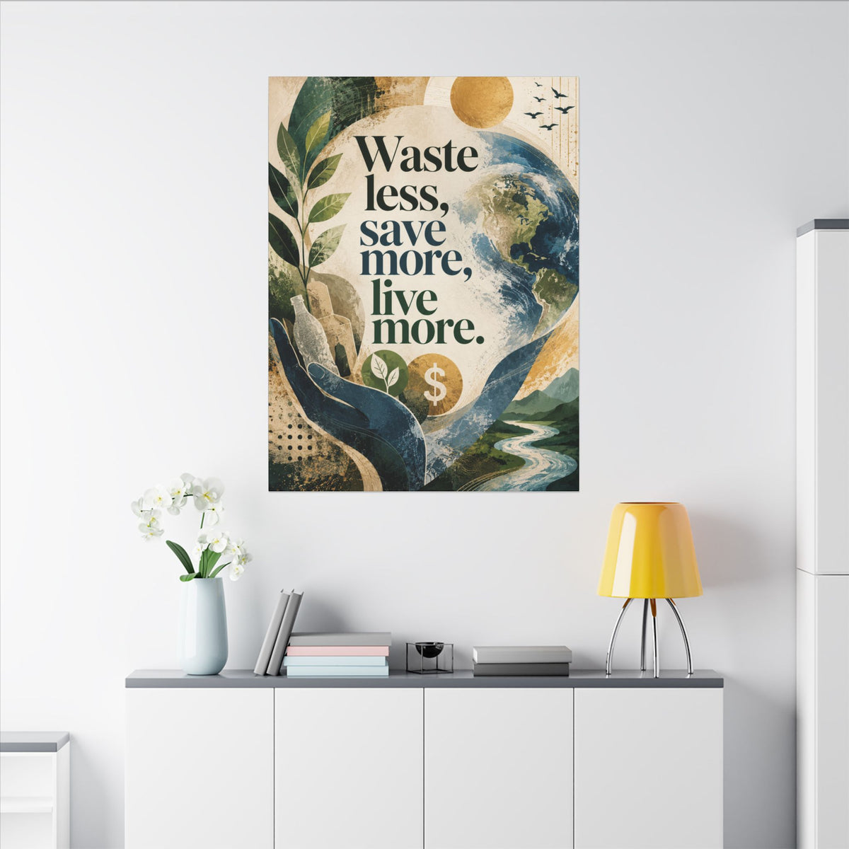 "WASTE LESS, SAVE MORE, LIVE MORE.”(abstract art style).  Earthsmart Eco Motivational Print