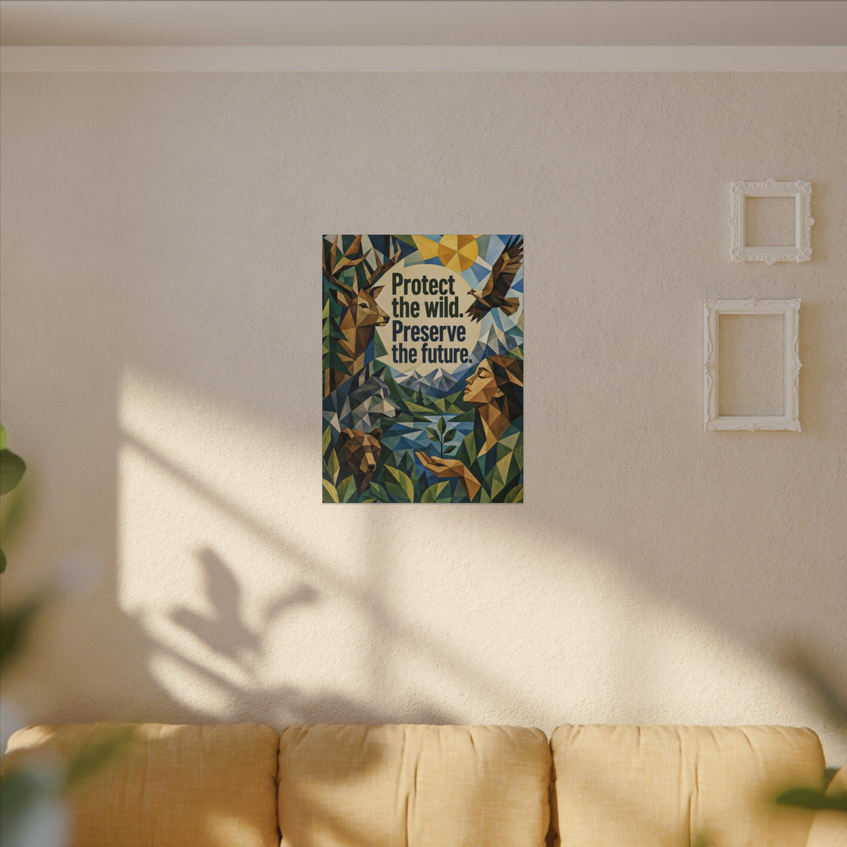 "PROTECT THE WILD PRESERVE THE FUTURE" (Cubist art style). Earthsmart Eco Canvas Wall Art (Matte Stretched Print).
