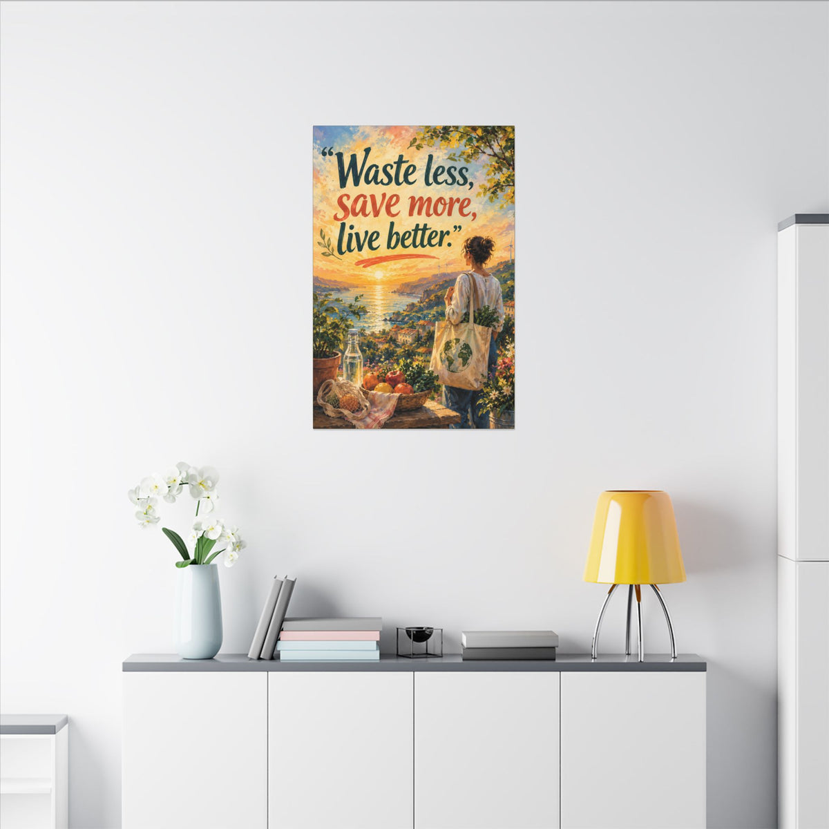 "WASTE LESS, SAVE MORE, LIVE BETTTER." (Impressionist art style). Earthsmart,  Eco-Friendly Inspirational Wall Art