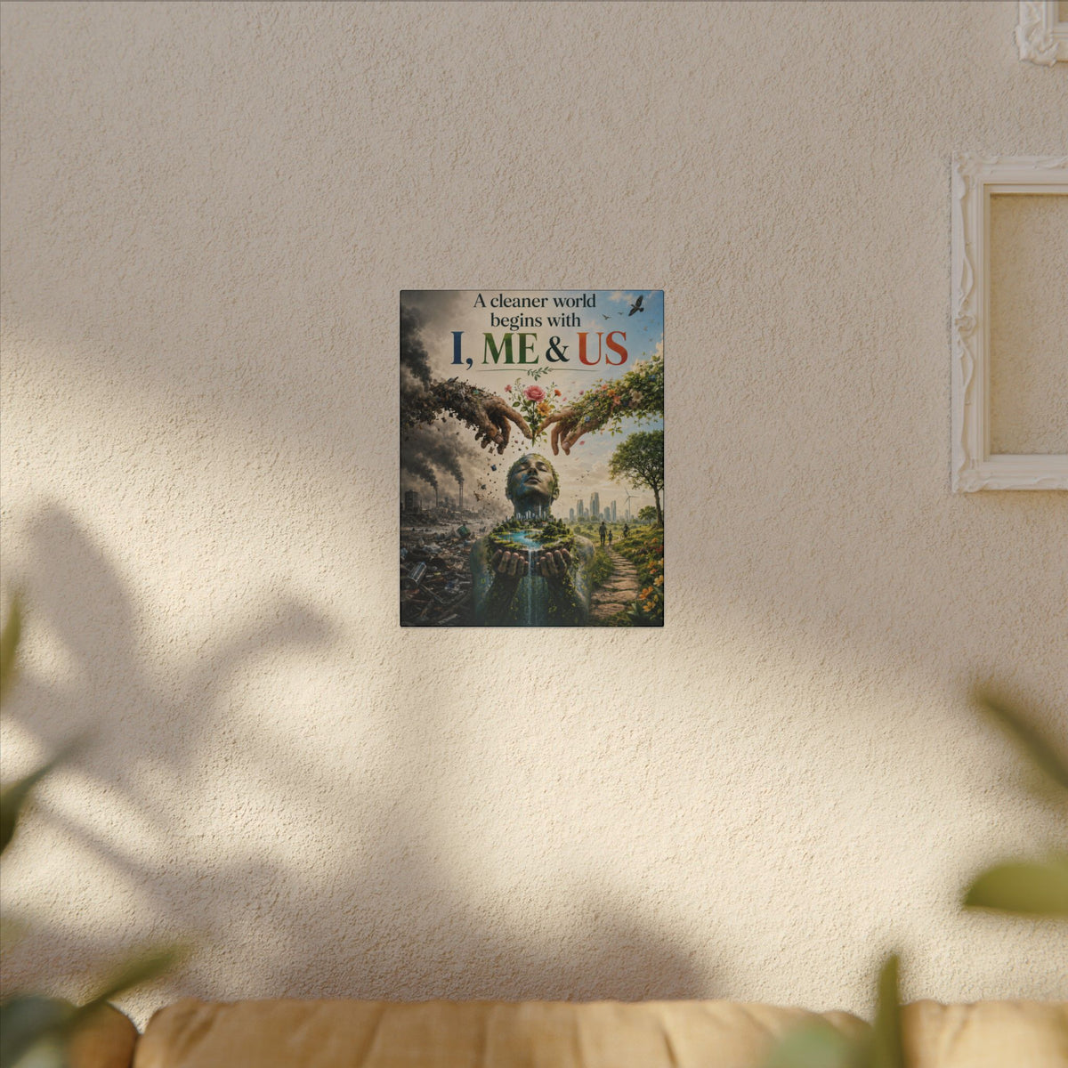 "A CLEANER WORLD BEGINS WITH I, ME & UD" (Surrealist art style). Earthsmart Canvas Wall Art. (Matte Stretched Canvas).
