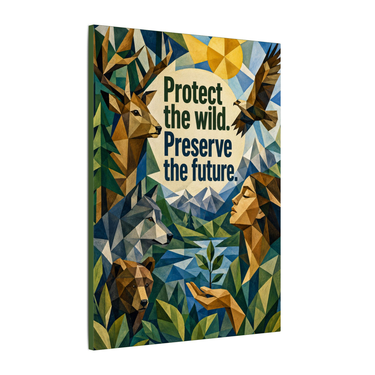 "PROTECT THE WILD PRESERVE THE FUTURE" (Cubist art style). Earthsmart Eco Canvas Wall Art (Matte Stretched Print).