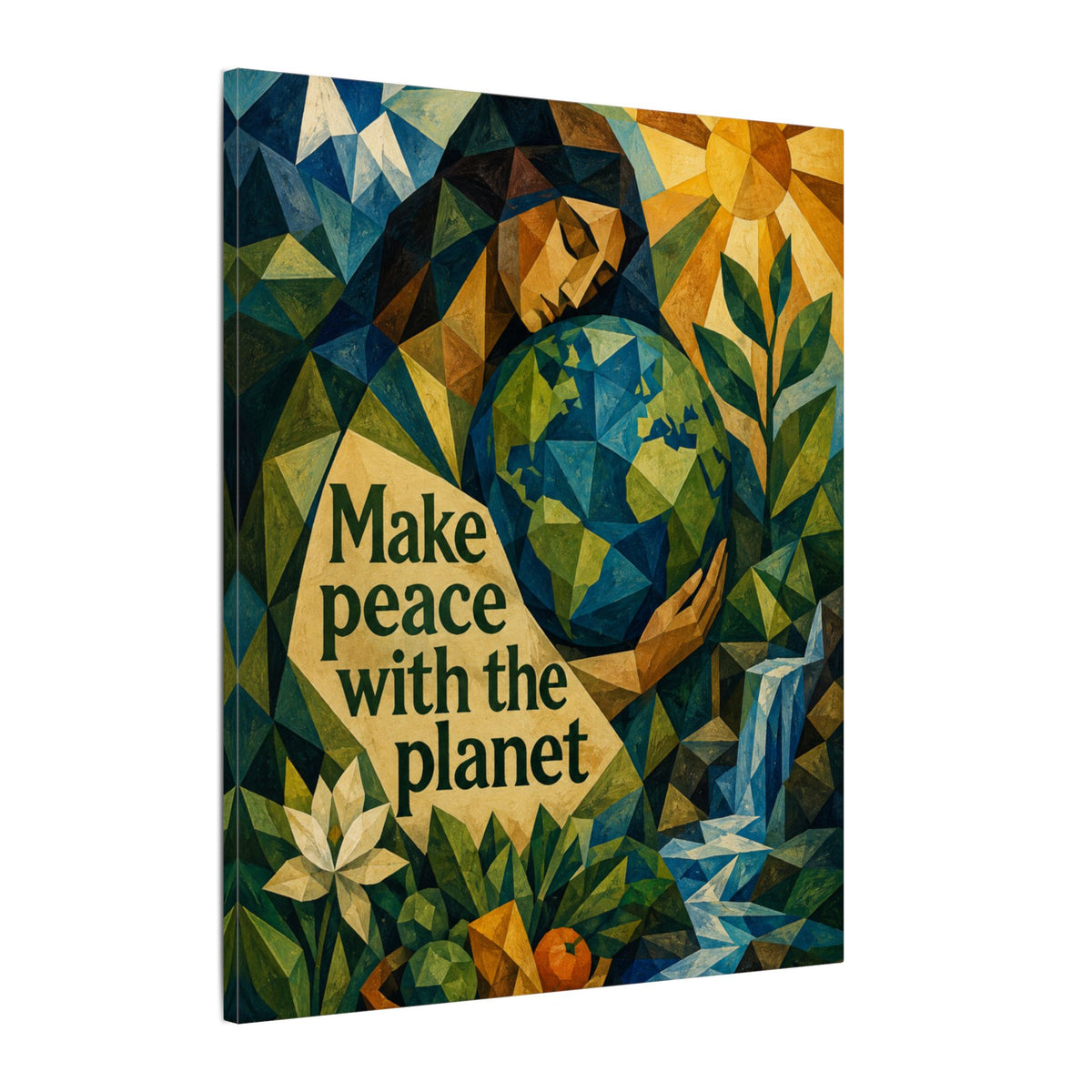 "MAKE PEACE WITH THE PLANET" (Cubist art style). Earthsmart Eco Canvas Wall Art (Matte Stretched Print).