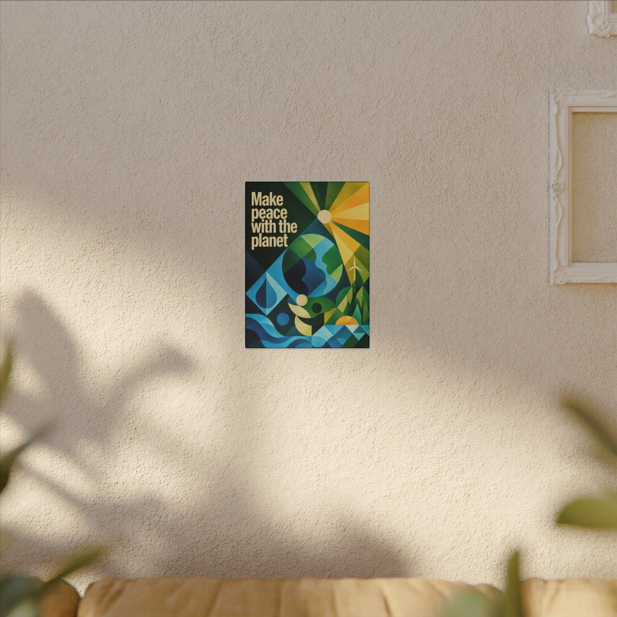 "MAKE PEACE WITH THE PLANET" (Radical Geometric art style). Earthsmart Eco Canvas Wall Art (Matte Stretched Print).