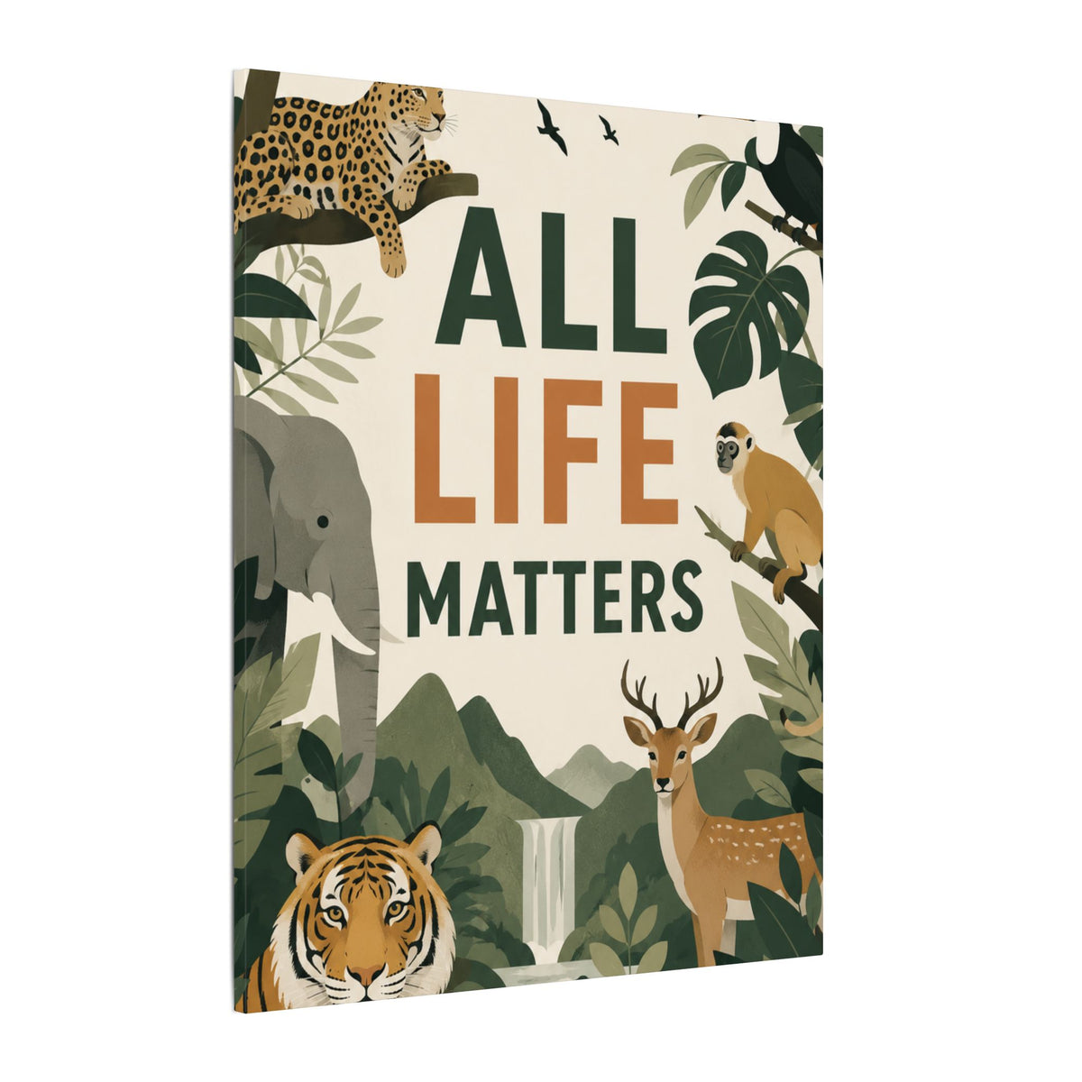 "ALL LIFE MATTERS" (modern art style) - Earthsmart Canvas Wall Art. Jungle Wildlife. (Matte Stretched Print).