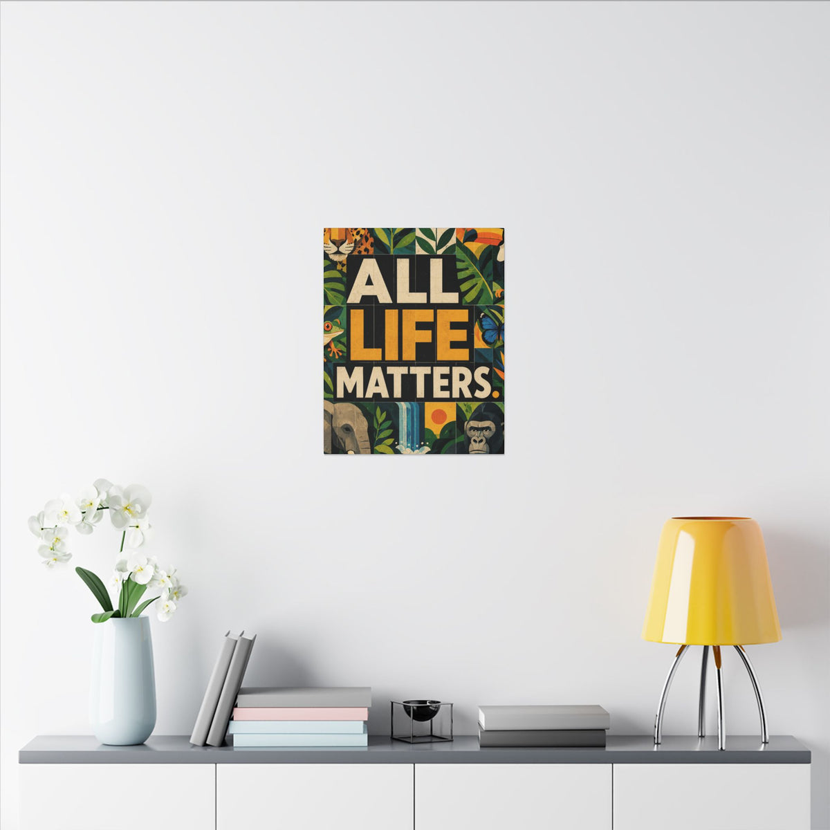 "ALL LIFE MATTERS" (Geometric art style) Earthsmart Canvas Wall Art — Jungle Wildlife. (Matte Stretched Print)
