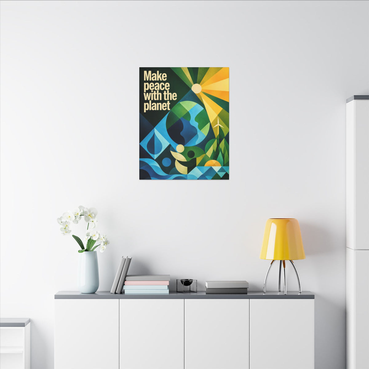 "MAKE PEACE WITH THE PLANET" (Radical Geometric art style). Earthsmart Eco Canvas Wall Art (Matte Stretched Print).