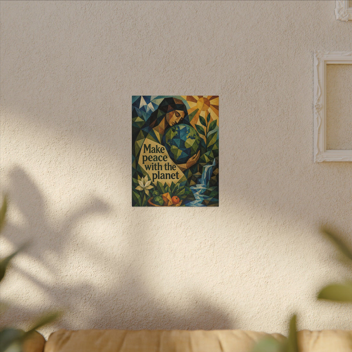 "MAKE PEACE WITH THE PLANET" (Cubist art style). Earthsmart Eco Canvas Wall Art (Matte Stretched Print).