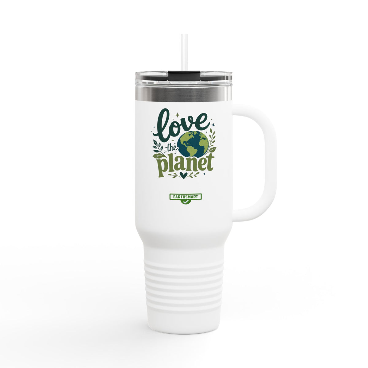 EARTHSMART ECO TUMBLER - 'LOVE THE PLANET' version -  100% stainless steel (body), 100% recycled plastic (straw and lid).(1.8L - 40OZ)