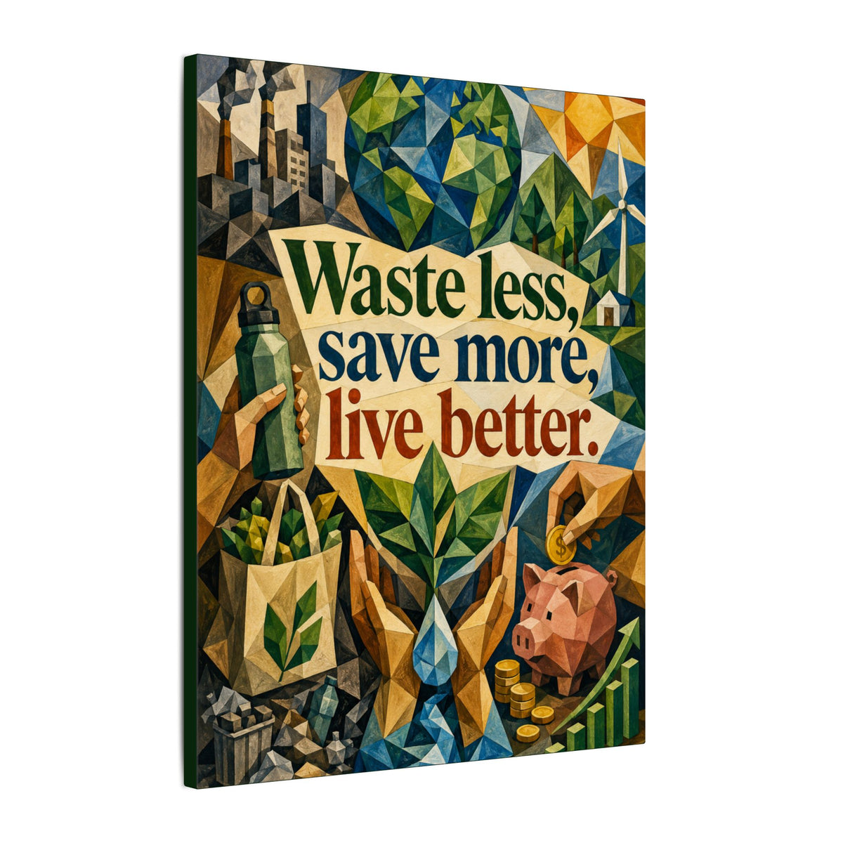 "WASTE LESS SAVE MORE, LIVE BETTTER." (Cubist art style). Earthsmart,  Eco-Friendly Inspirational Wall Art