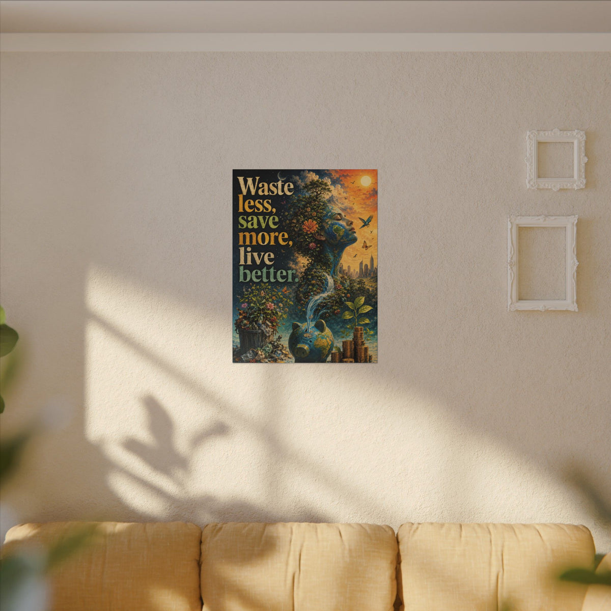 "WASTE LESS, SAVE MORE, LIVE BETTER." - Earthsmart Eco-Friendly Inspirational Wall Art.