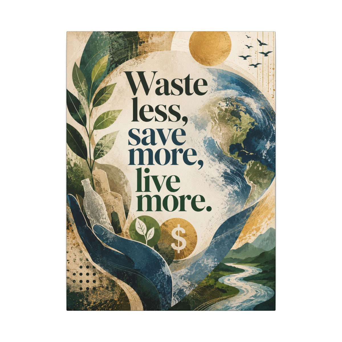 "WASTE LESS, SAVE MORE, LIVE MORE.”(abstract art style).  Earthsmart Eco Motivational Print