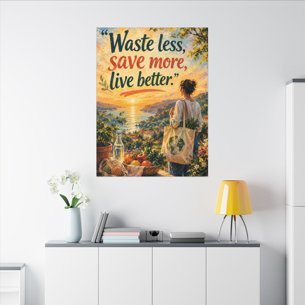 "WASTE LESS, SAVE MORE, LIVE BETTTER." (Impressionist art style). Earthsmart,  Eco-Friendly Inspirational Wall Art
