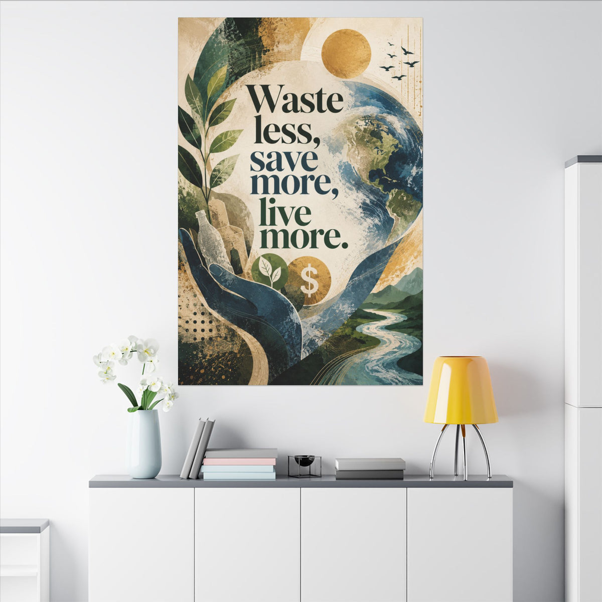 "WASTE LESS, SAVE MORE, LIVE MORE.”(abstract art style).  Earthsmart Eco Motivational Print