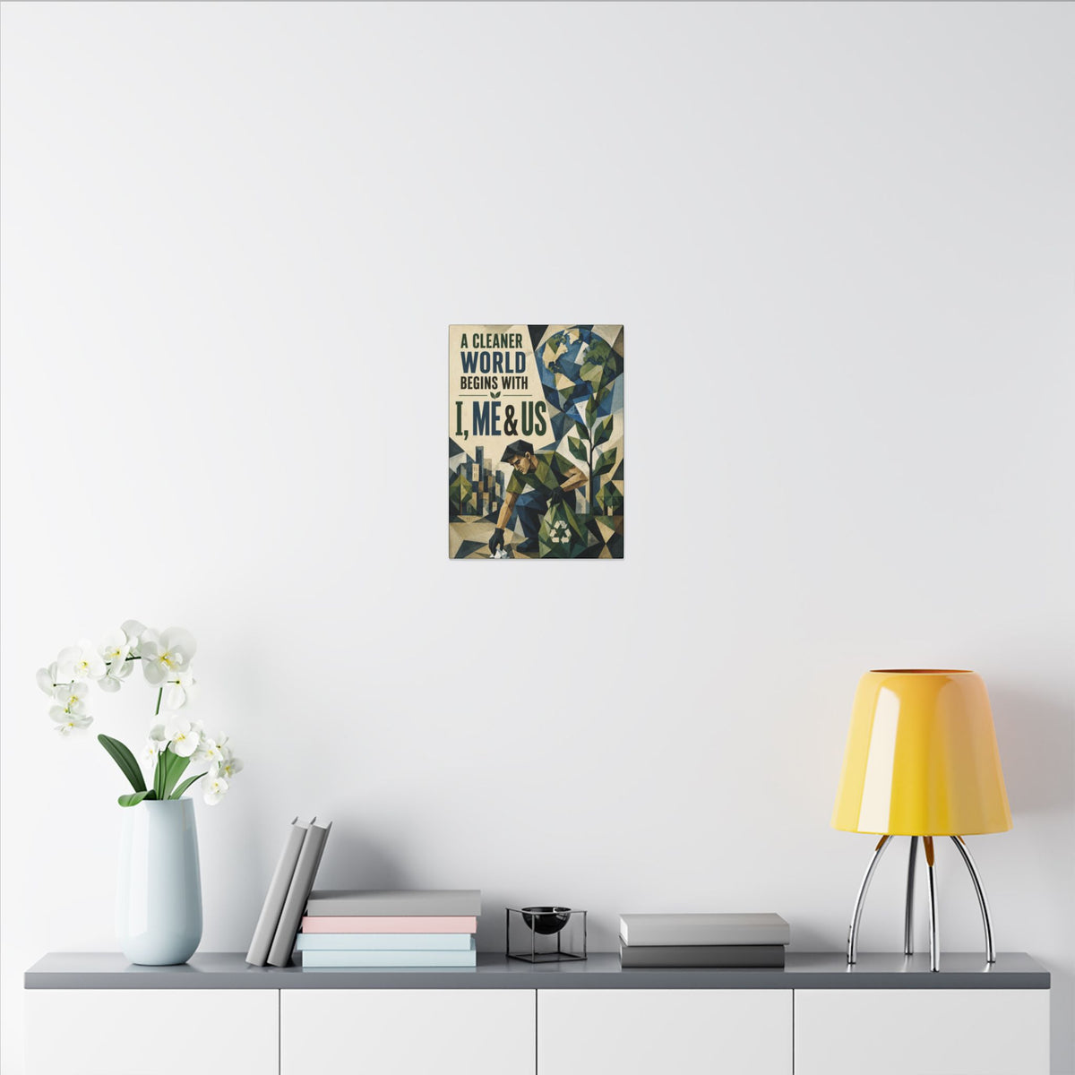 "A CLEANER WORLD BEGINS WITH I, ME & US (Cubist art style). Earthsmart Canvas Wall Art. ( Matte Stretched Print).