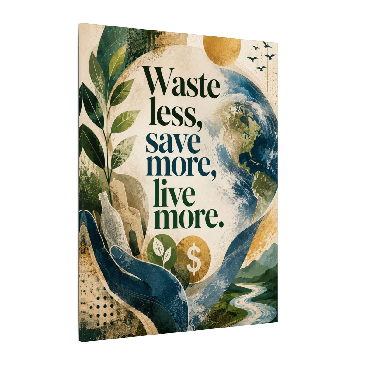 "WASTE LESS, SAVE MORE, LIVE MORE.”(abstract art style).  Earthsmart Eco Motivational Print