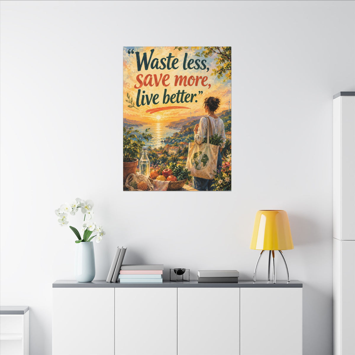 "WASTE LESS, SAVE MORE, LIVE BETTTER." (Impressionist art style). Earthsmart,  Eco-Friendly Inspirational Wall Art
