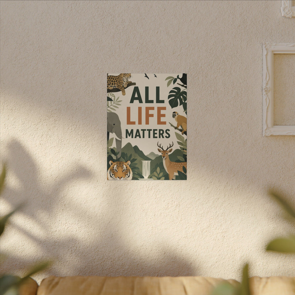 "ALL LIFE MATTERS" (modern art style) - Earthsmart Canvas Wall Art. Jungle Wildlife. (Matte Stretched Print).