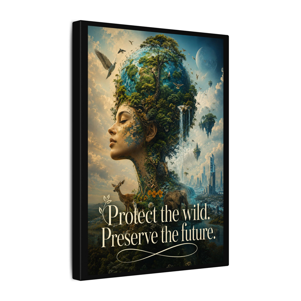 "PROTECT THE WILD PRESERVE THE FUTURE" (Surrealist art style). Earthsmart Eco Canvas Wall Art (Matte Stretched Print).