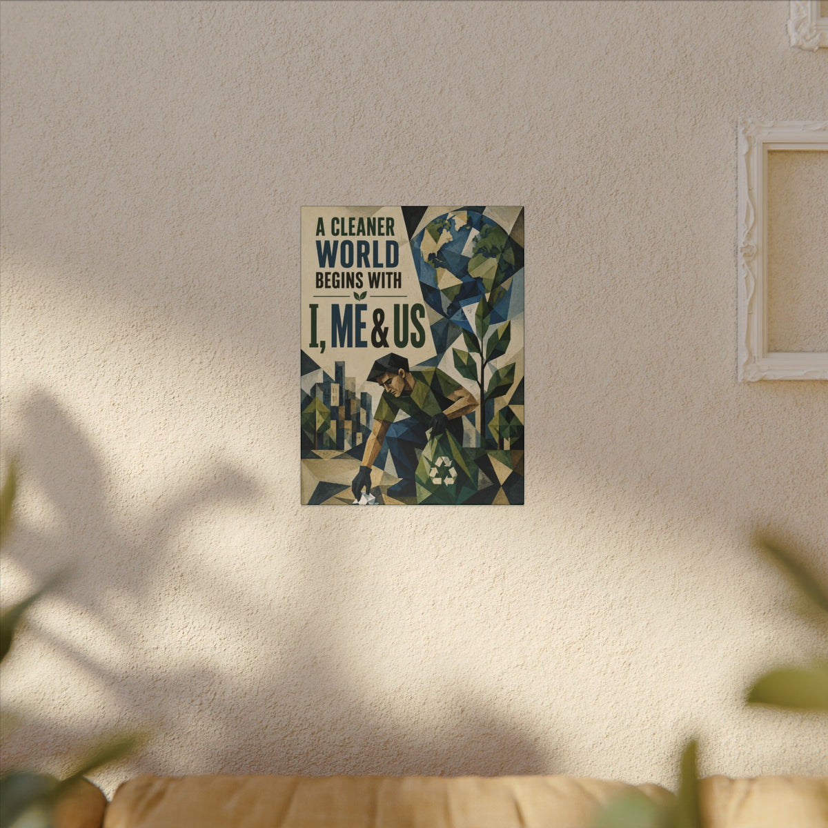 "A CLEANER WORLD BEGINS WITH I, ME & US (Cubist art style). Earthsmart Canvas Wall Art. ( Matte Stretched Print).