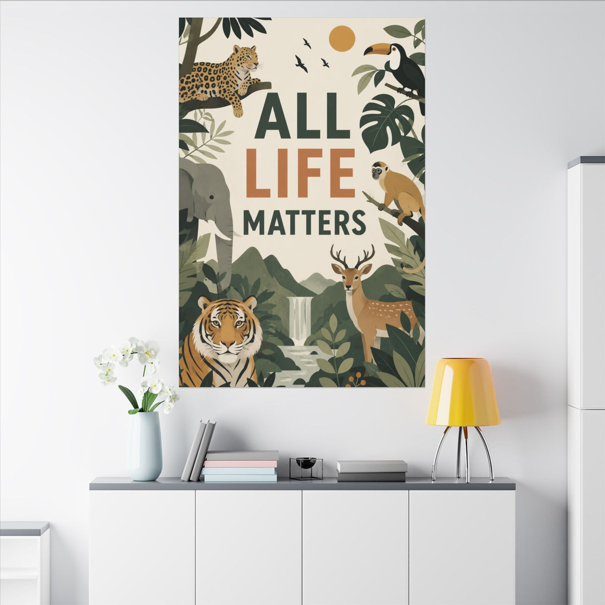 "ALL LIFE MATTERS" (modern art style) - Earthsmart Canvas Wall Art. Jungle Wildlife. (Matte Stretched Print).