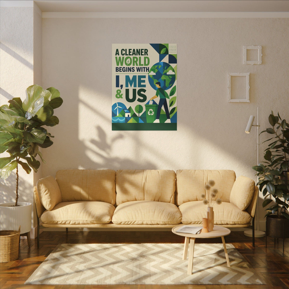 "A CLEANER WORLD BEGINS WITH I, ME & US (Geometric art style). Earthsmart Canvas Wall Art. ( Matte Stretched Print).