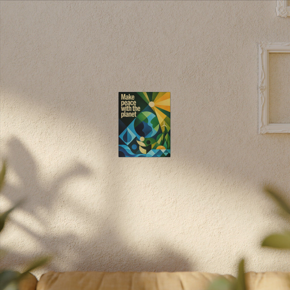 "MAKE PEACE WITH THE PLANET" (Radical Geometric art style). Earthsmart Eco Canvas Wall Art (Matte Stretched Print).