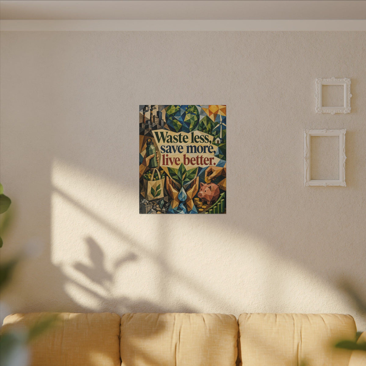 "WASTE LESS SAVE MORE, LIVE BETTTER." (Cubist art style). Earthsmart,  Eco-Friendly Inspirational Wall Art
