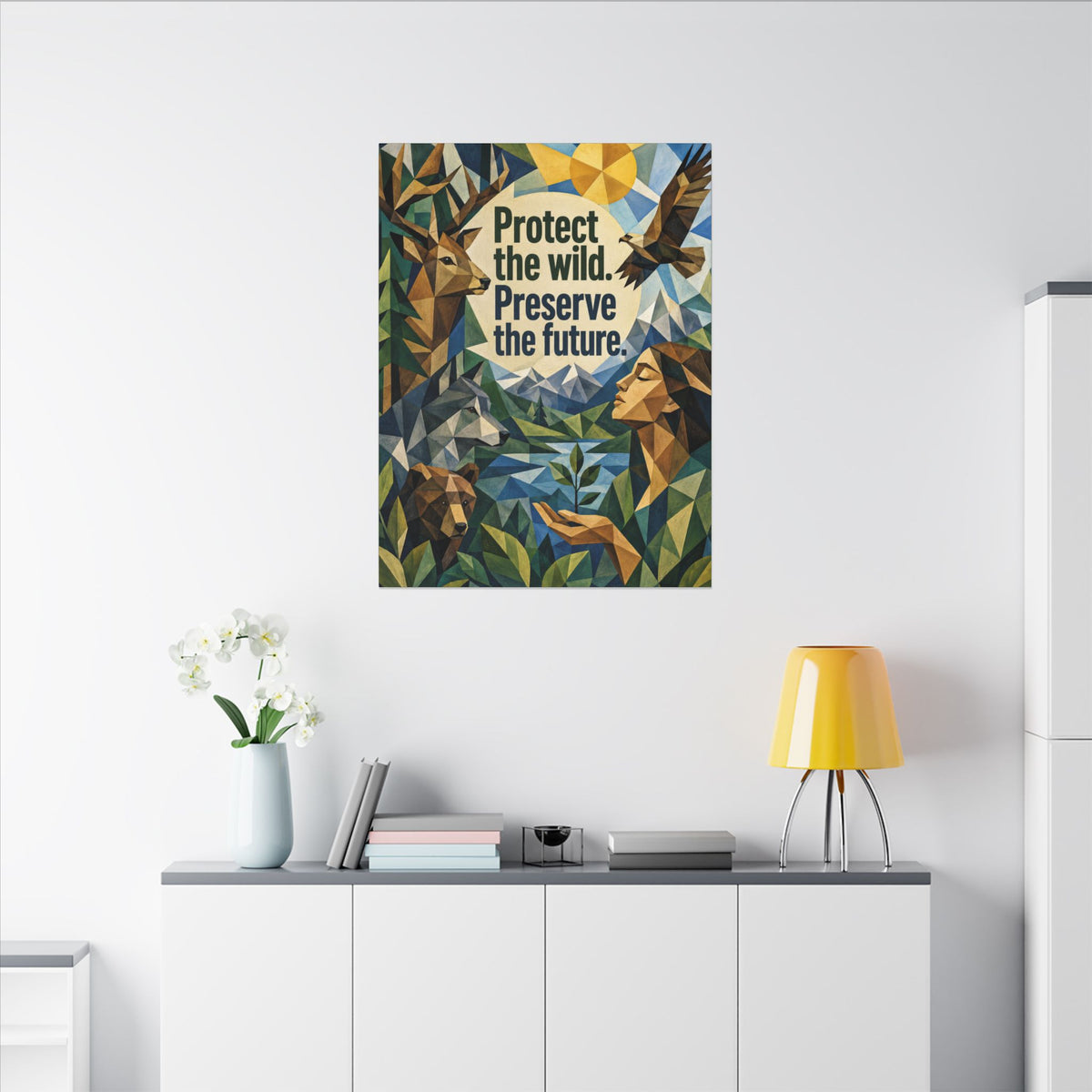 "PROTECT THE WILD PRESERVE THE FUTURE" (Cubist art style). Earthsmart Eco Canvas Wall Art (Matte Stretched Print).