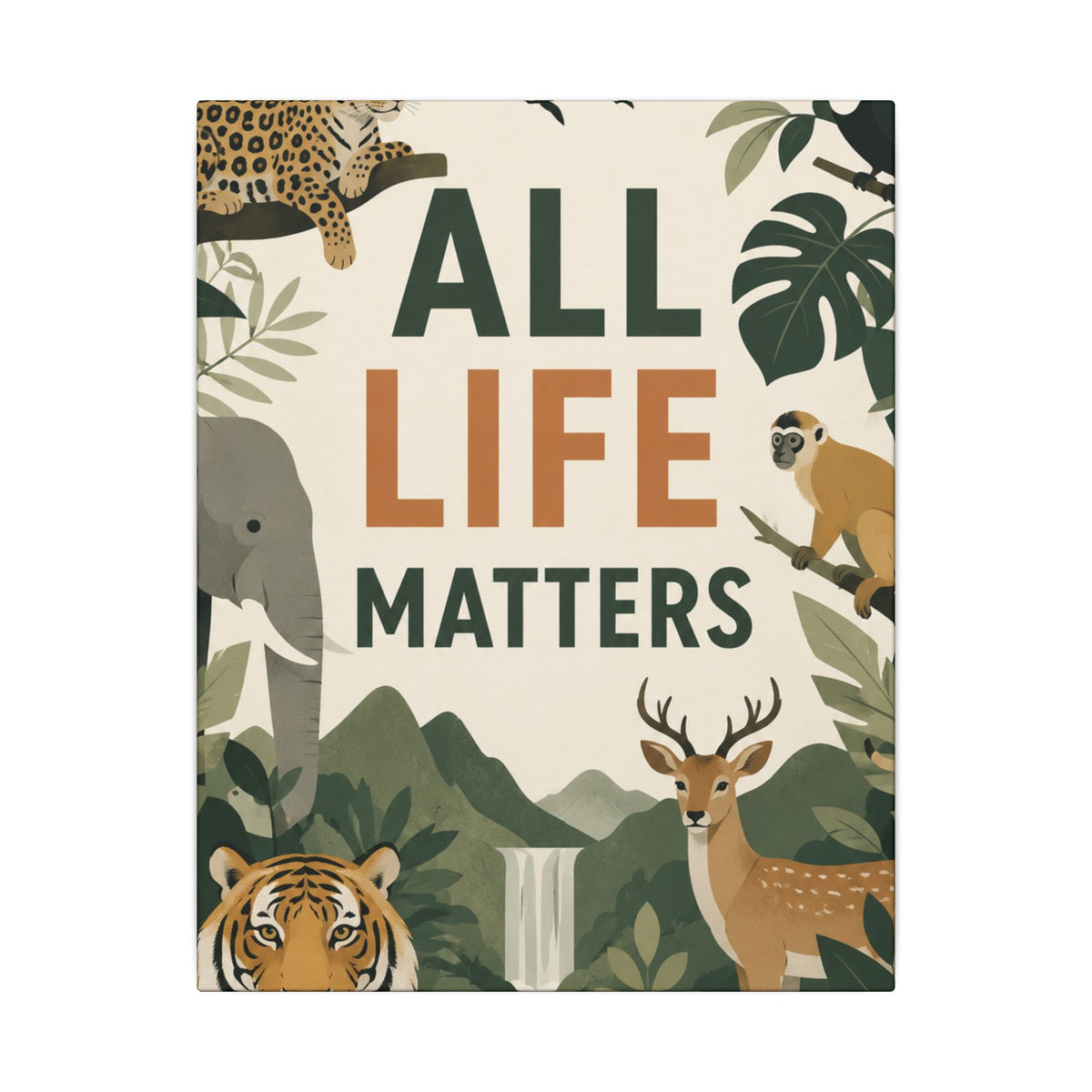 "ALL LIFE MATTERS" (modern art style) - Earthsmart Canvas Wall Art. Jungle Wildlife. (Matte Stretched Print).