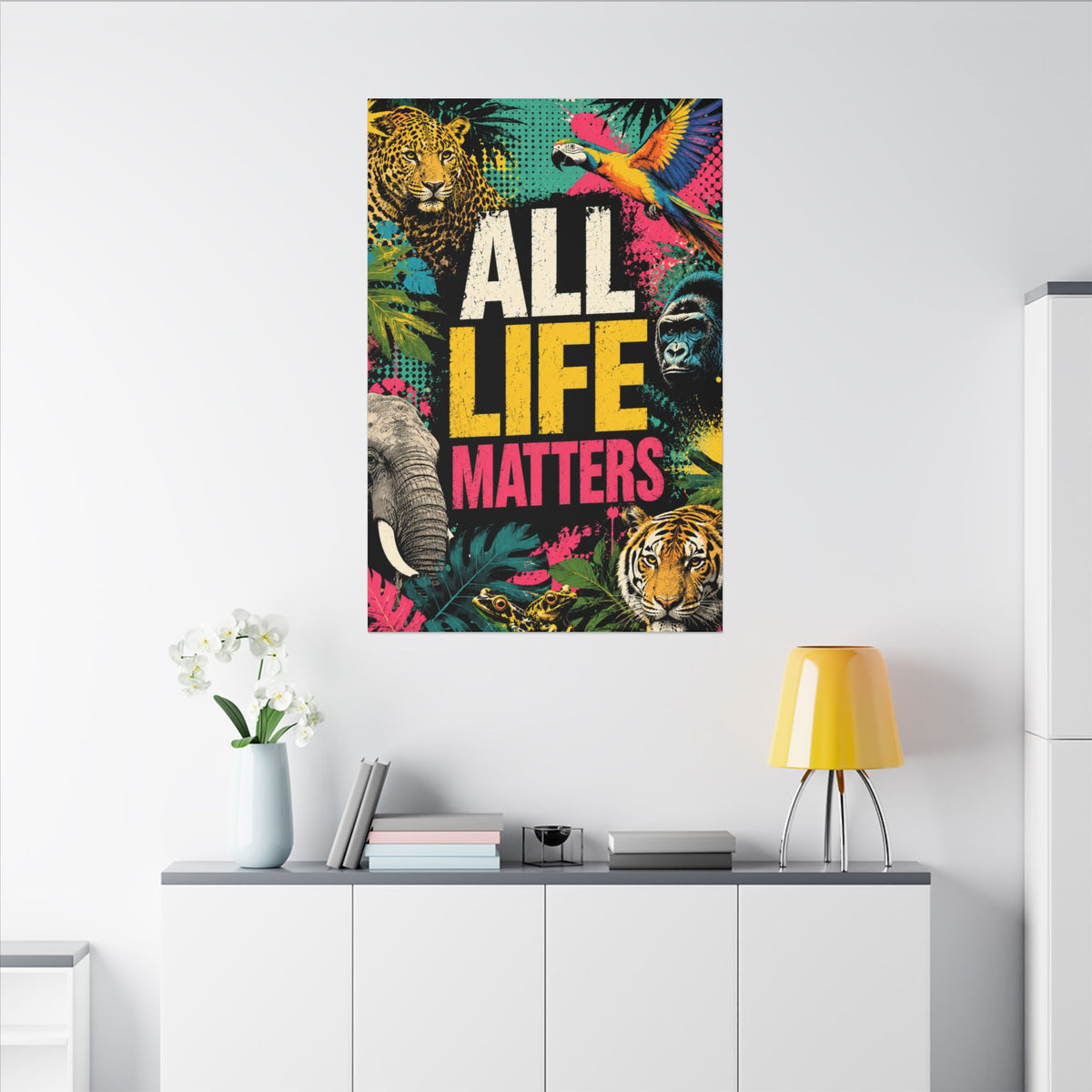 "ALL LIFE MATTERS" (Pop culture art style) - Earthsmart Canvas Wall Art. Jungle Wildlife. (Matte Stretched Print).