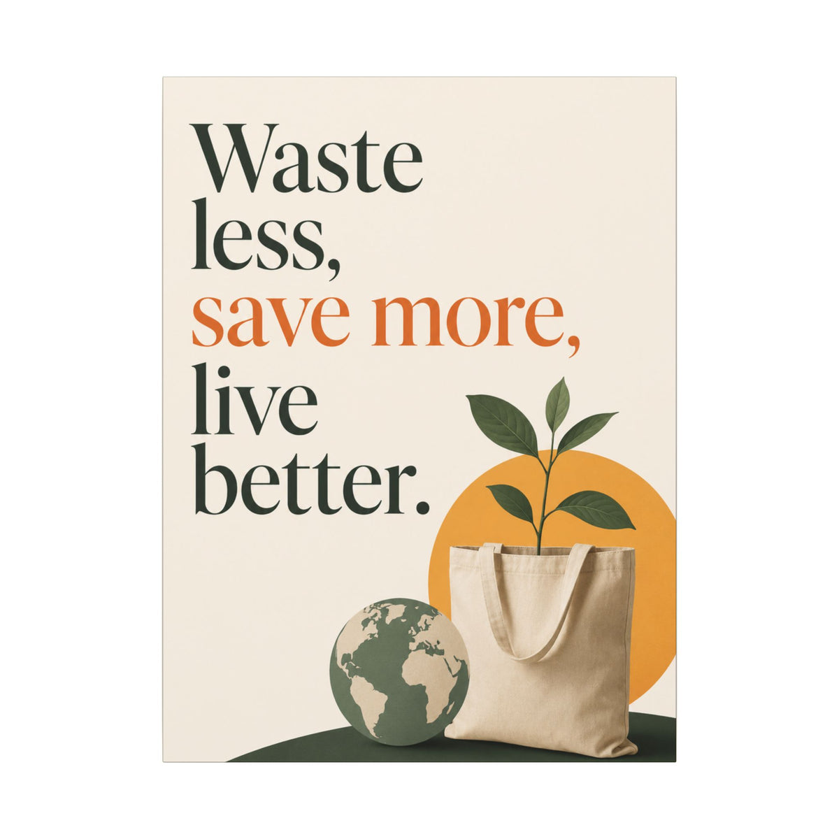 "WASTE LESS, SAVE MORE, LIVE BETTER." (Minimalist art style). Earthsmart Wall Art.