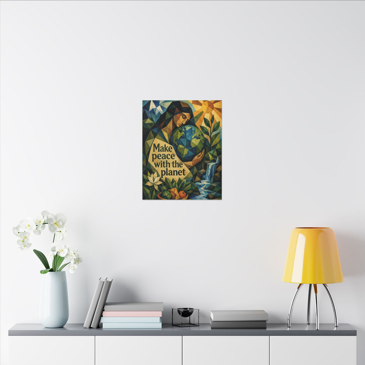 "MAKE PEACE WITH THE PLANET" (Cubist art style). Earthsmart Eco Canvas Wall Art (Matte Stretched Print).